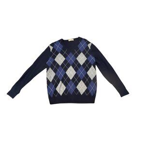 J. Crew Men's Blue Argyle Crew Neck Sweater Cotton Cashmere Size M